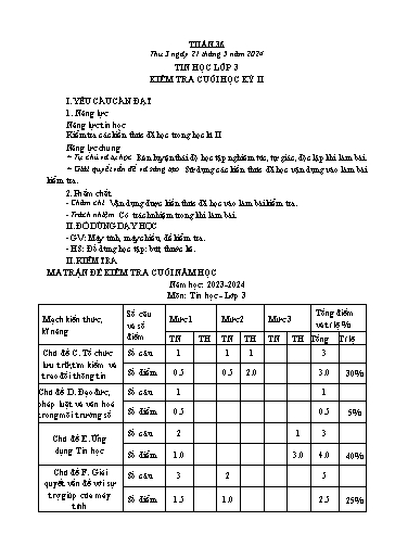 Đề kiểm tra cuối năm học môn Tin học Lớp 3+4+5 - Tuần 36 - Năm học 2023-2024 (Có đáp án + Ma trận)
