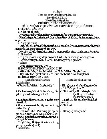 Giáo án Âm nhạc + Hoạt động trải nghiệm Tiểu học (Kết nối tri thức) - Tuần 2 - Năm học 2024-2025