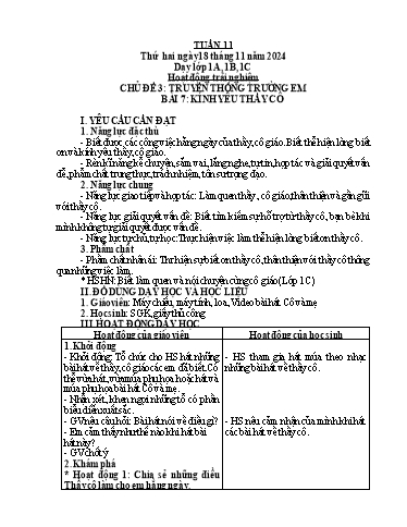 Giáo án Âm nhạc + Hoạt động trải nghiệm Tiểu học - Tuần 11 - Năm học 2024-2025