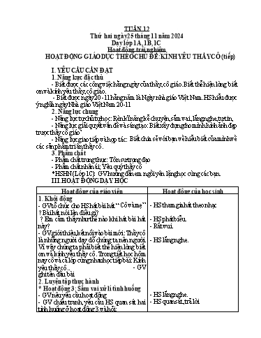 Giáo án Âm nhạc + Hoạt động trải nghiệm Tiểu học - Tuần 12 - Năm học 2024-2025