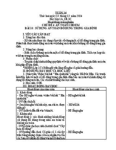 Giáo án Âm nhạc + Hoạt động trải nghiệm Tiểu học - Tuần 16 - Năm học 2024-2025