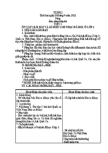 Giáo án Âm nhạc Lớp 2+3+4 (Kết nối tri thức) - Tuần 2 - Năm học 2020-2021