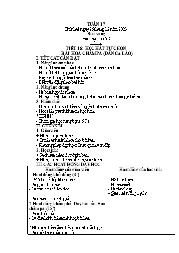 Giáo án Âm nhạc + Tiếng Việt + Kỹ năng sống Tiểu học - Tuần 17 - Năm học 2023-2024