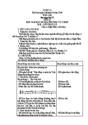 Giáo án Âm nhạc + Tiếng Việt + Kỹ năng sống Tiểu học - Tuần 32 - Năm học 2023-2024