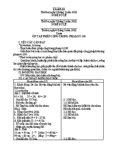 Giáo án các môn Lớp 2 - Tuần 31 - Năm học 2021-2022