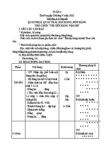 Giáo án Giáo dục Thể chất Lớp 4 - Tuần 3 - Quay phải, quay trái, dàn hàng, dồn hàng trò chơi: Thi xếp hàng nhanh - Năm học 2021-2022