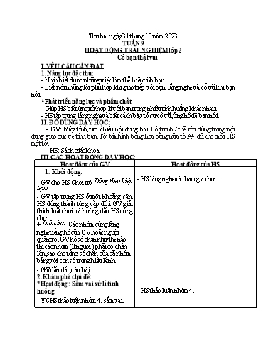 Giáo án Hoạt động trải nghiệm + Đạo đức Lớp 1+2 - Tuần 9 - Năm học 2022-2023