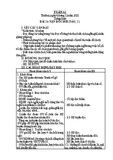 Giáo án Tiếng Việt + Toán + Tự nhiên và Xã hội 2 - Tuần 12 - Năm học 2021-2022