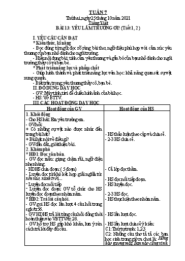 Giáo án Tiếng Việt + Toán + Tự nhiên và Xã hội 2 - Tuần 7 - Năm học 2021-2022