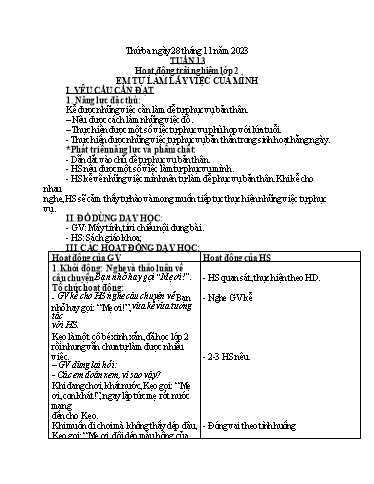 Kế hoạch bài dạy Hoạt động trải nghiệm + Đạo đức Lớp 1+2 - Tuần 13 - Năm học 2023-2024