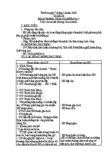 Kế hoạch bài dạy Hoạt động trải nghiệm + Đạo đức Lớp 1+2 - Tuần 15 - Năm học 2023-2024