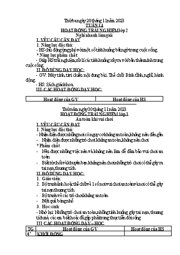 Kế hoạch bài dạy Hoạt động trải nghiệm Lớp 1+2 - Tuần 14 - Năm học 2023-2024