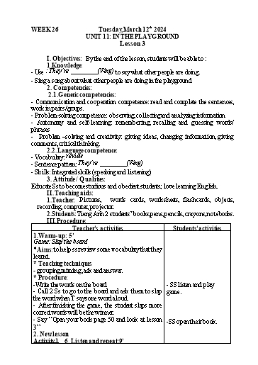Kế hoạch bài dạy Tiếng Anh Lớp 2 - Tuần 26 - Năm học 2023-2024