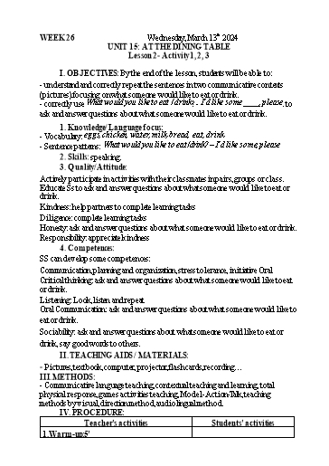 Kế hoạch bài dạy Tiếng Anh Lớp 3 - Tuần 26 - Năm học 2023-2024