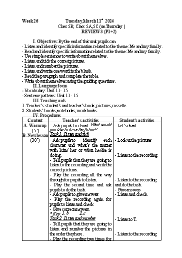 Kế hoạch bài dạy Tiếng Anh Lớp 5 - Tuần 26 - Năm học 2023-2024