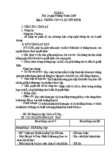 Kế hoạch bài dạy Tin học Lớp 3+4+5 - Tuần 1 - Năm học 2024-2025